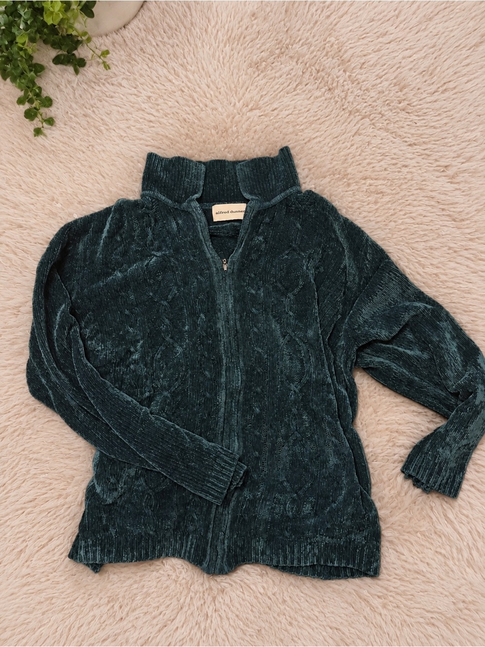 Alfred Dunner Teal Chenille Zip-Up Cardigan